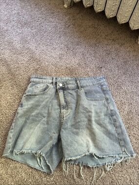 High-Rise Light Blue Frayed Hem Denim Shorts